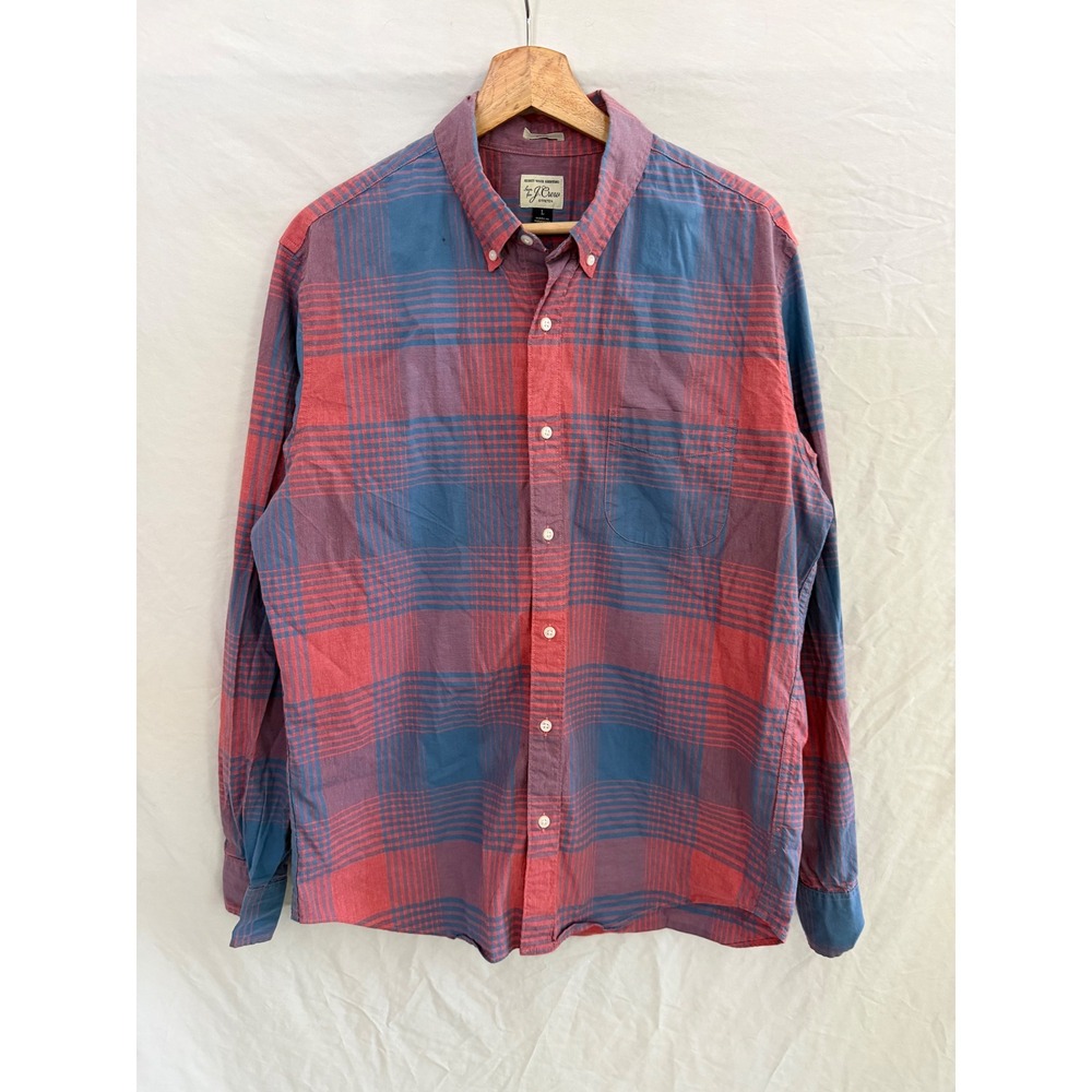 J. Crew Button Down Mens Red Blue Plaid Secret Wash Slim Fit Stretch Large